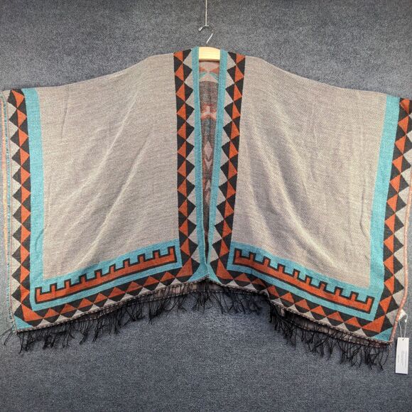 Urban Coco Women's Poncho Cape Sweater Multi Frayed Western Aztec W/Tags - Picture 2 of 14